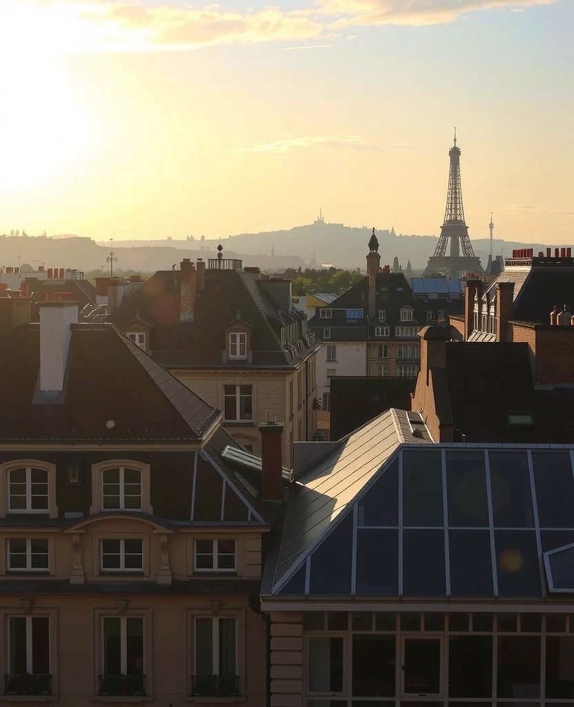 Vue des toits de Paris depuis le Bois de Boulogne à l'heure dorée